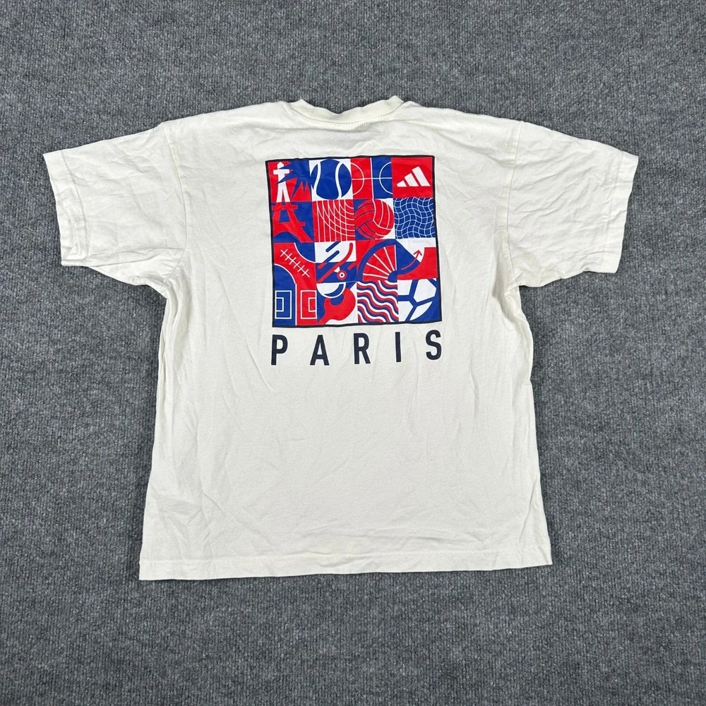 Adidas T-Shirt Mens Size XS Off White Paris Graphic Loose Fit Short Sleeve Tee